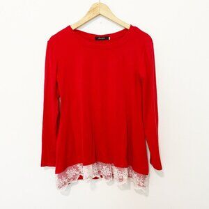 Sanifer Red & White Lace Long Sleeve Size Small